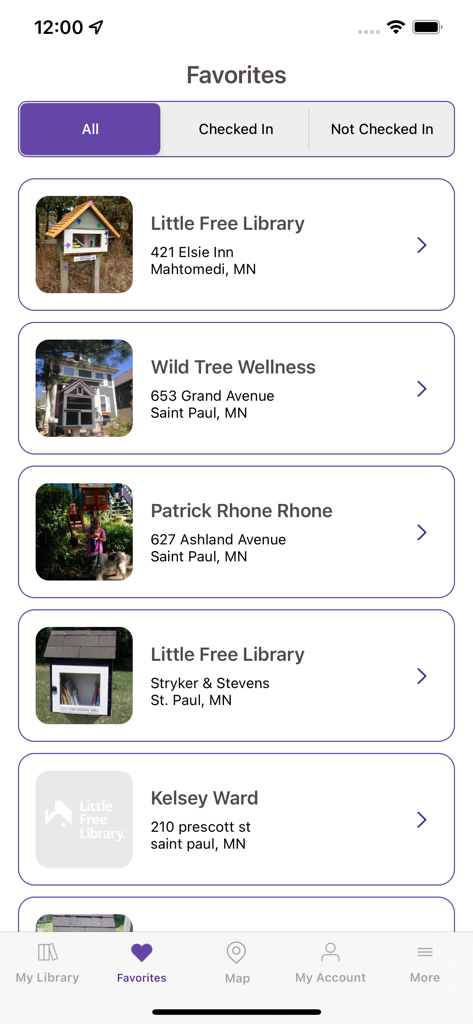 Little Free Library - Écran des favoris de l'application Little Free Library montrant une liste d'emplacements de boîtes de partage de livres enregistrés avec des adresses