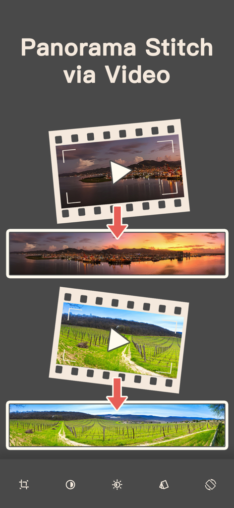 Graphic showing the process of stitching video frames into high resolution panoramic photos of city and nature landscapes