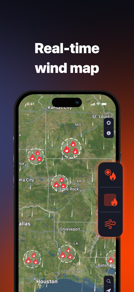 The Wildfire Tracker - A satellite map showing wildfire hotspots and real time wind patterns across the United States in the Wildfire Tracker app.