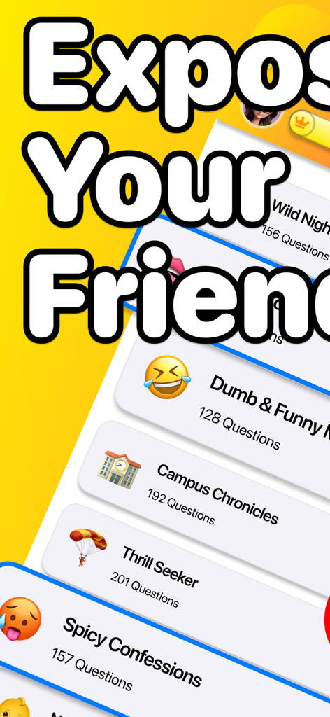 Exposed - Never Have I Ever - Interface of the Exposed party game showing categories like Campus Chronicles and Spicy Confessions