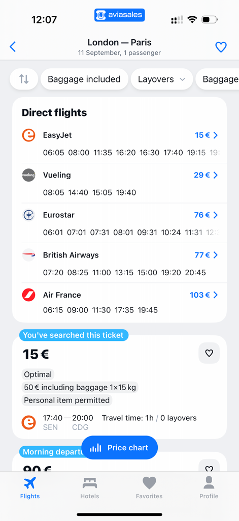 Aviasales — Book cheap flights - Aviasales 앱 인터페이스, 런던-파리 여행 직항 옵션 및 가격 표시