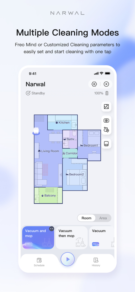Narwal Freo - Narwal Freo app interface displaying a home floor plan map and cleaning mode selection options