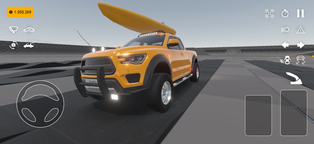 A customized orange pickup truck with a kayak on its roof in the StreetPro Racing mobile game interface
