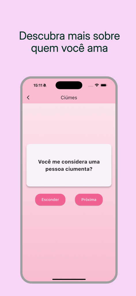 Papo de Amor : Quiz de Casal - Mobile app interface showing a relationship quiz question about jealousy for couples on a pink background.