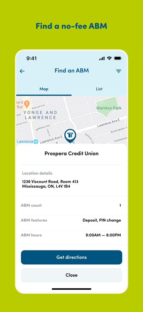 Meridian Mobile Banking - The Meridian Mobile Banking app ABM locator screen displaying a map and detailed information for a no-fee ABM at Prospera Credit Union in Mississauga.