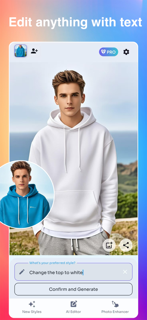 OLyne: AI Photo Editor, Art - AI photo editor app interface showing a blue hoodie changed to white using a text prompt