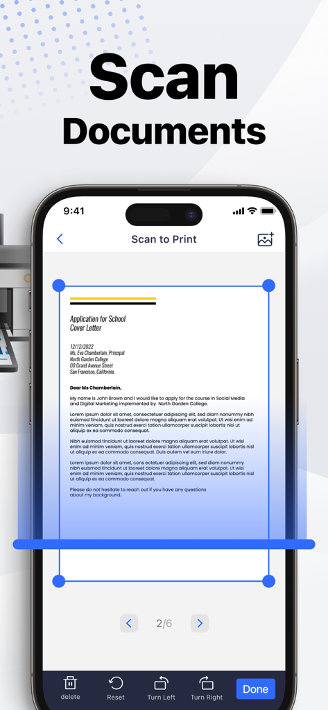 Smart Printer App: Printer - Una pantalla de iPhone que muestra la función de Escanear a Imprimir de la Smart Printer App con un documento siendo recortado para escanear.