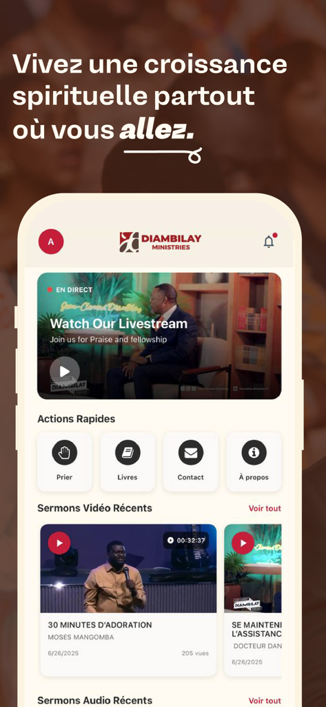JC Diambilay Ministries - Home screen of the JC Diambilay Ministries app featuring a live stream banner and recent video sermons for spiritual growth