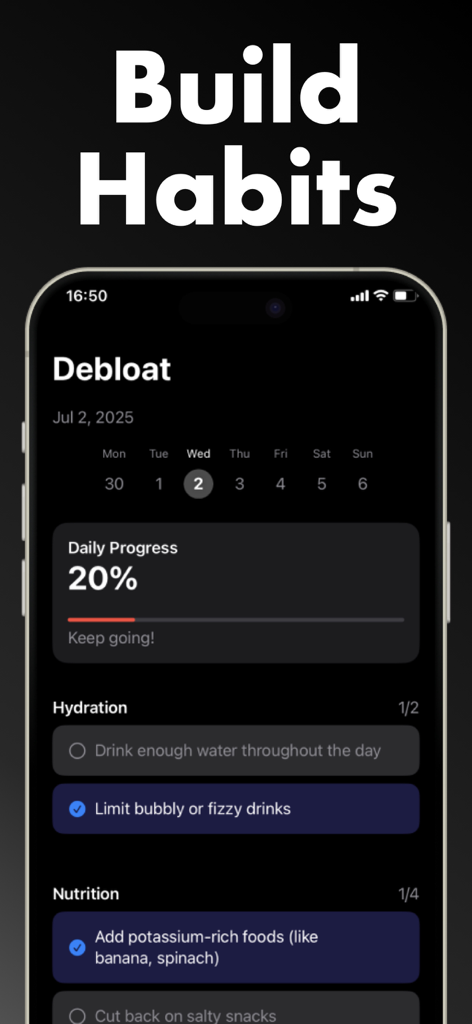 Debloat AI: Debloat Your Body - Mobile app screen showing a daily wellness habit tracker with progress percentage and health checklists