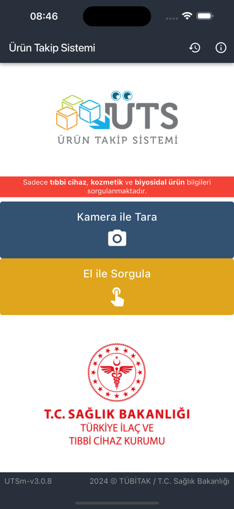 ÜTS Mobil - Main interface of the UTS Mobil app showing options to scan or manually query medical and cosmetic products from the Turkish Ministry of Health.