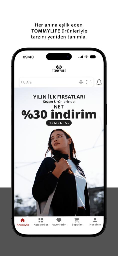 Écran d'accueil de l'application mobile TOMMYLIFE proposant une réduction de 30 % sur des vêtements de sport tendance pour femmes