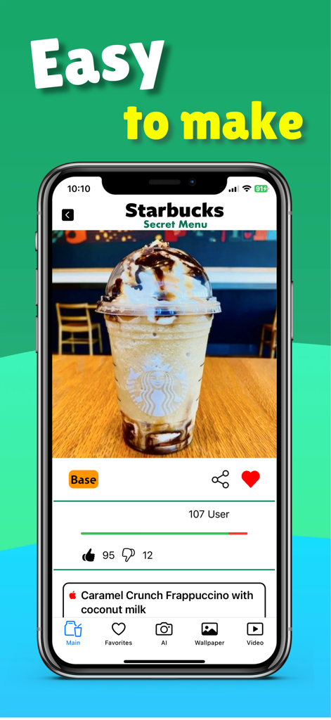 Starbucks secret menu! - スターバックス裏メニューアプリのキャラメルクランチフラペチーノレシピを表示するスマートフォン画面