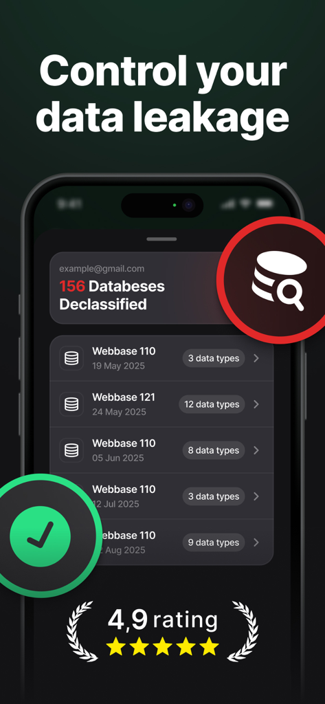 Interface de l'application Guardient montrant le contrôle des fuites de données et une note utilisateur de 4,9.