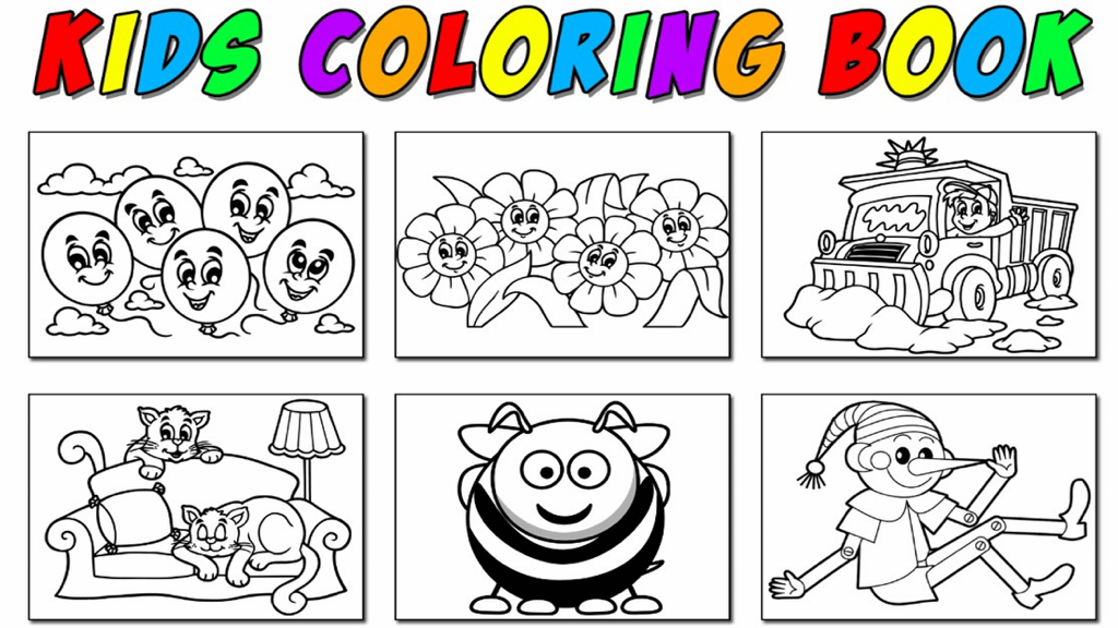 Kids Coloring Book - Learning Fun Educational Book App! - A selection of black and white coloring pages for children featuring balloons flowers a truck cats a bee and a puppet