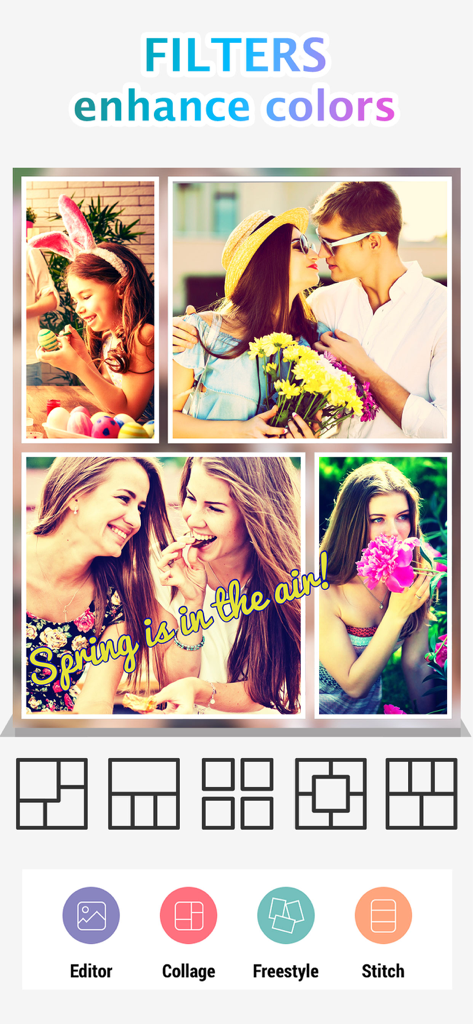 Photo Collage Montage & Layout - Captura de pantalla de la aplicación móvil que muestra un fotocollage con filtros de primavera y varias opciones de diseño de cuadrícula.