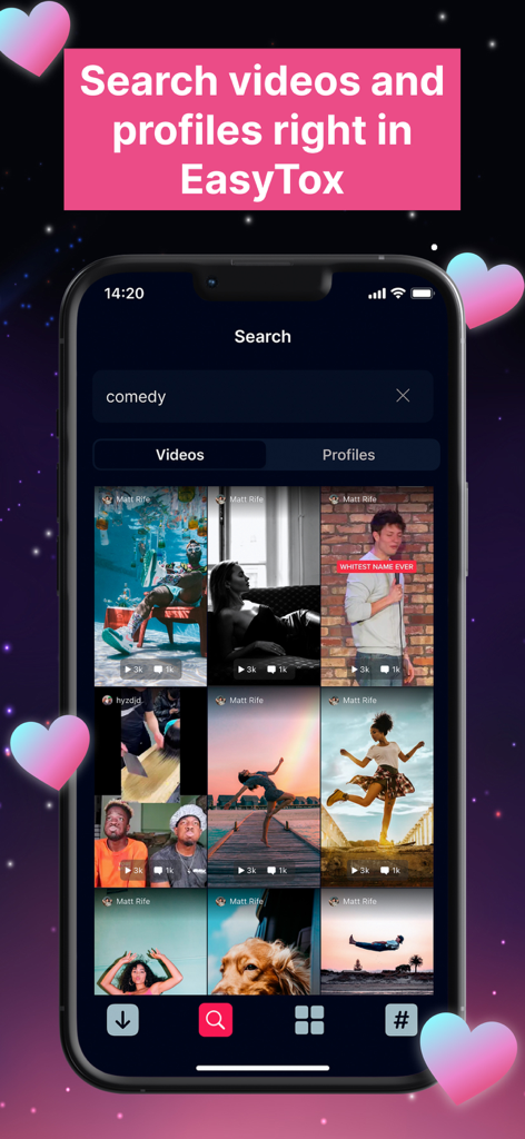 EasyTox app search interface showing a grid of comedy videos and profiles