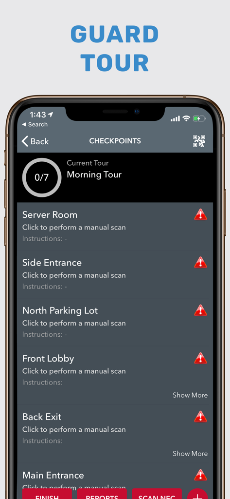 TrackTik Guard Tour - TrackTik app screen showing a list of security checkpoints for a morning guard tour including server room and lobby