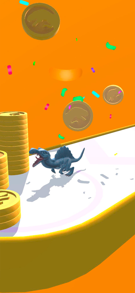 Dino Run: Dinosaur Runner Game - Um dinossauro azul correndo em uma plataforma coletando moedas de ouro com confetes no jogo Dino Run