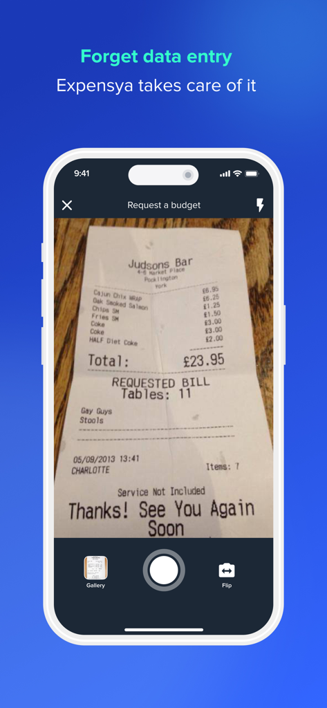 Expensya mobile app scanning a paper receipt to automate expense data entry
