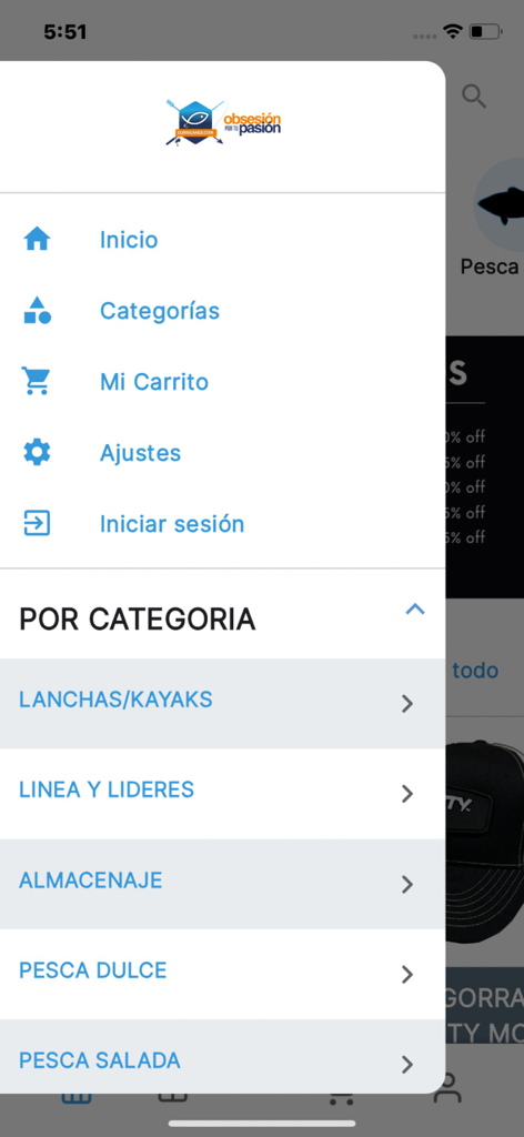 Curricanes.com - Side menu of the Curricanes app showing outdoor and fishing gear categories