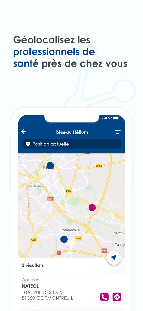 Diot by Hélium - Écran de l'application Diot by Helium montrant une carte pour trouver et géolocaliser les professionnels de santé à proximité.
