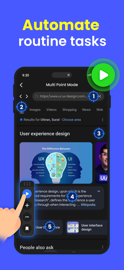 Auto Clicker - Self Clicker - iPhone screen displaying the Auto Clicker app in Multi Point Mode with numbered tap targets to automate tasks.