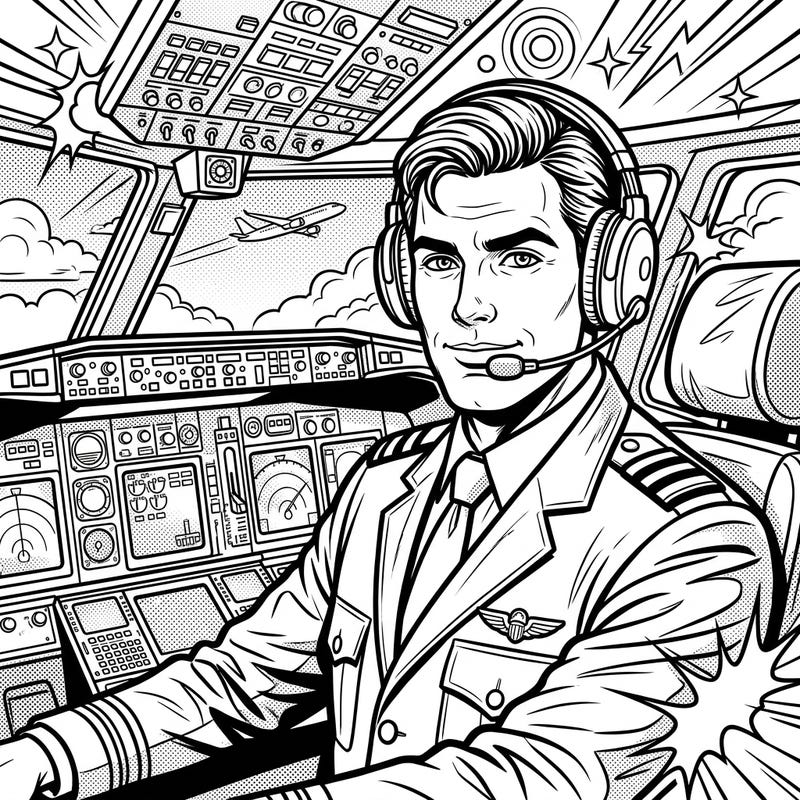 Immerse yourself in the thrilling world of aviation with this vibrant Pop Art pilot coloring page. Capture the excitement of flight and unleash your creativity with bold lines and retro details.