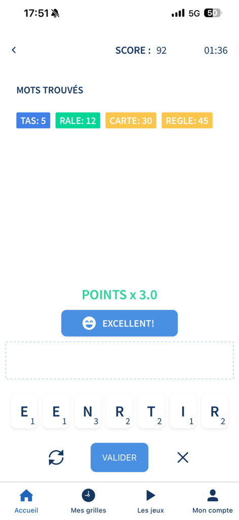 Figaro Jeux: Jeu de mots mêlés - Gameplay screen of a French word puzzle game in the Figaro Jeux app showing points and letter tiles.