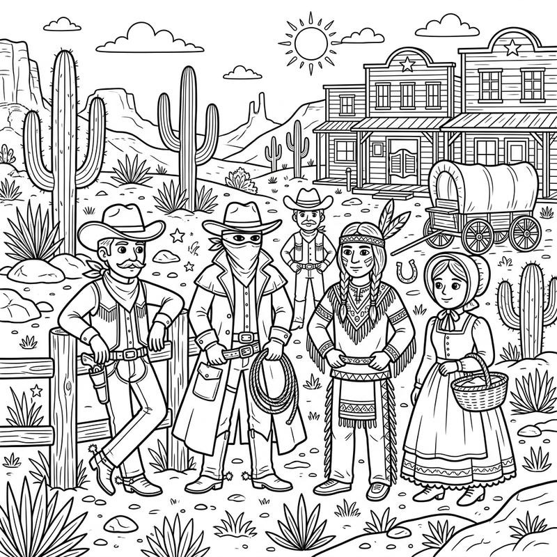 Step into a detailed Wild West scene with this engaging coloring page, perfect for teens who love adventure and history. Bring to life a diverse cast of frontier characters, from stoic cowboys to brave Native Americans, in your own vibrant style.