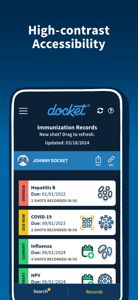 Docket app interface in high contrast mode showing a list of immunization records and their status