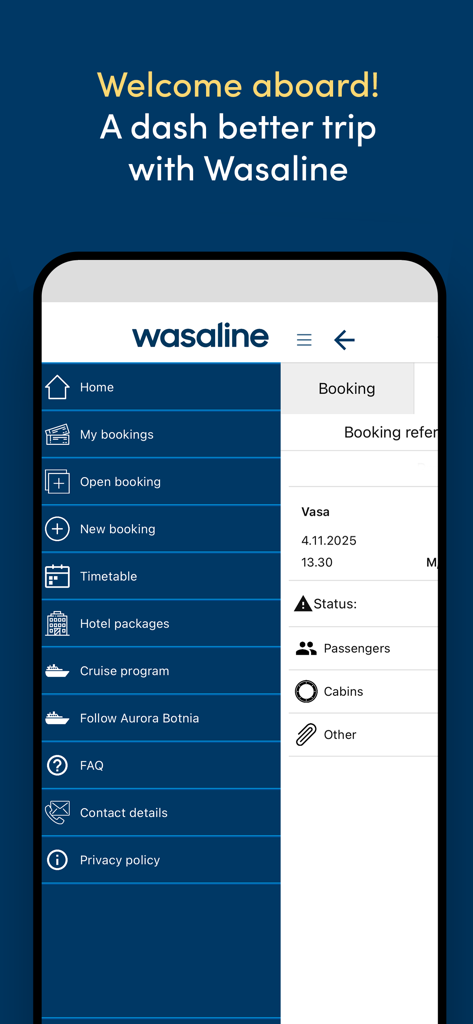 Wasaline mobile app interface displaying navigation menu and ferry booking details