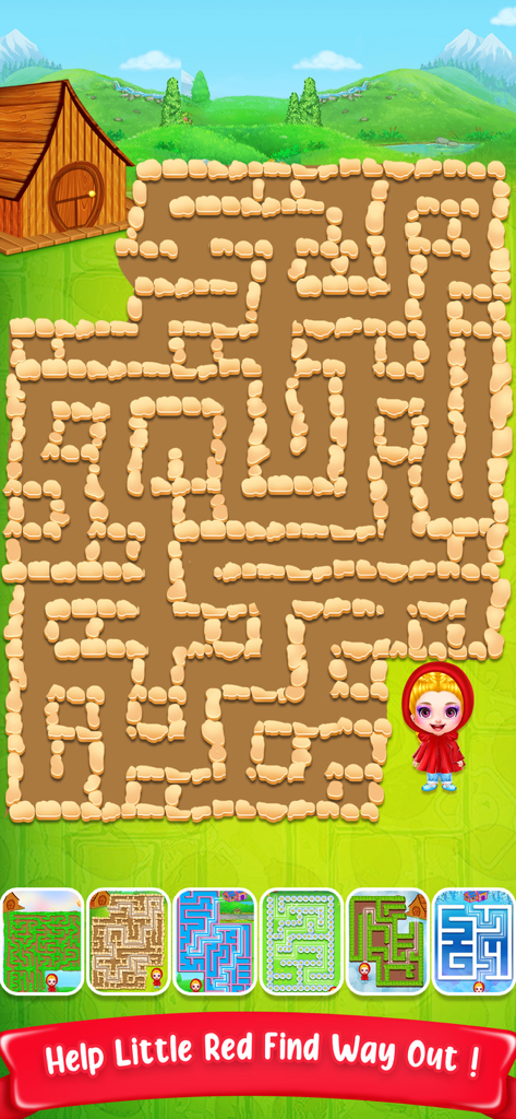 Little Red Ridding Hood Game - Little Red Riding Hood standing next to a stone maze in an educational puzzle game for kids