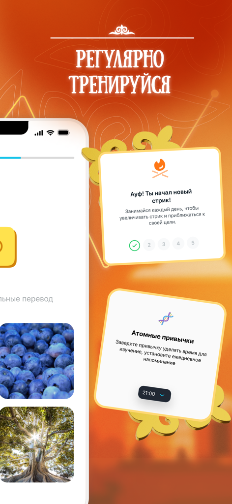 Captura de pantalla de la aplicación KazLang mostrando la racha de entrenamiento diario y las funciones de recordatorio de hábitos atómicos para aprender kazajo