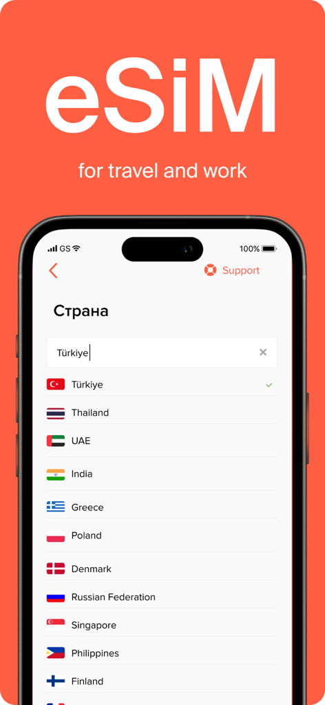 Interfaccia dell'app mobile eSIM.World che mostra un elenco ricercabile di paesi per piani dati internazionali