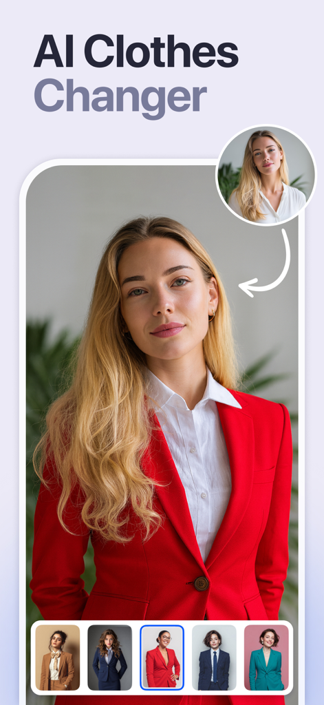 Retouch: AI Object Remover - A woman using the AI clothes changer feature to swap her outfit for various professional suits.