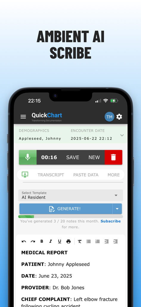 QuickChart: MD Scribe - QuickChart MD Scribe app interface showing ambient AI clinical note generation