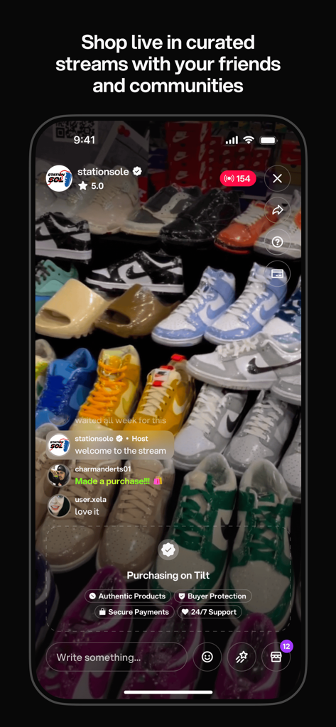 A mobile phone screen showing a live streetwear auction for sneakers on the Tilt app