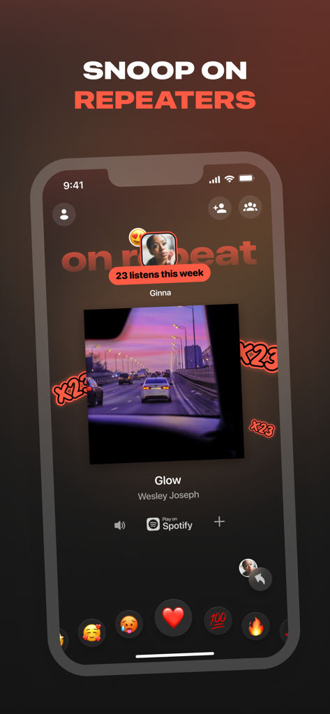 Airbuds Widget app interface showing a friend listening to a song on repeat with 23 listens and reaction emojis