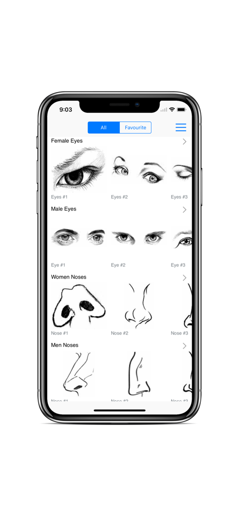 Draw Human Body - Hair Style - Drawing app interface showing tutorials for sketching human eyes and noses