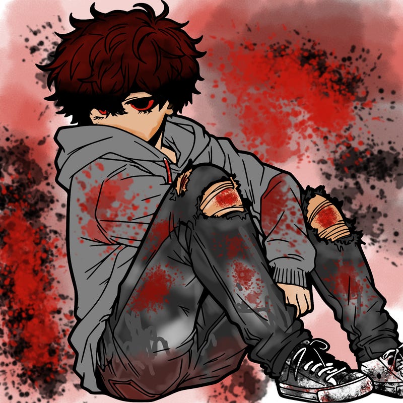 a male hoddie ripped jeans messy hair anime