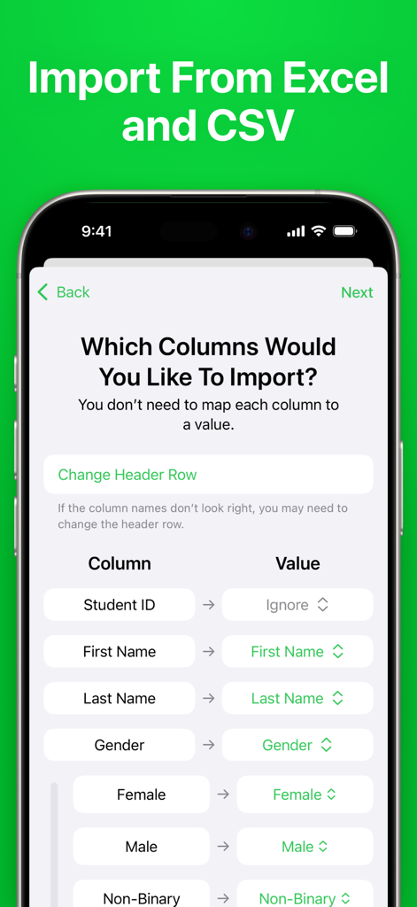 Interfaz para importar listas de estudiantes desde archivos de Excel y CSV en la aplicación Grupos