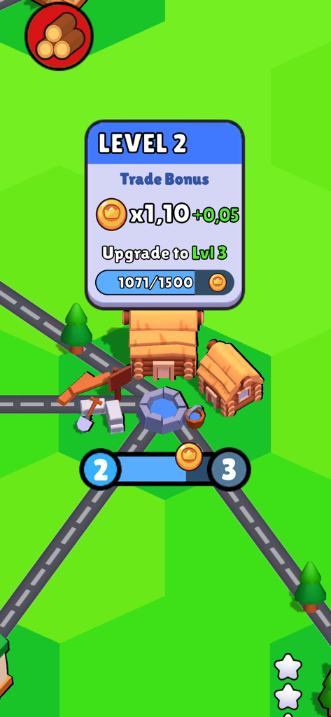 States Builder: Trade Empire - States Builder Trade Empireのゲームプレイ画面。レベル2の建物アップグレードと、六角形マップ上の貿易ボーナス統計が表示されている。