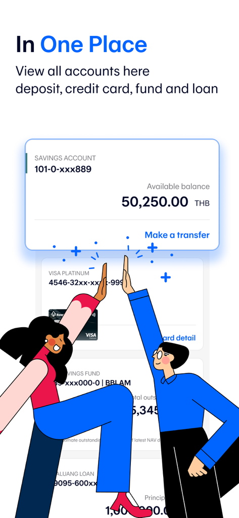 Dashboard der Bangkok Bank Mobile Banking App mit Sparkonten, Kreditkarten und Darlehenskonten an einem Ort