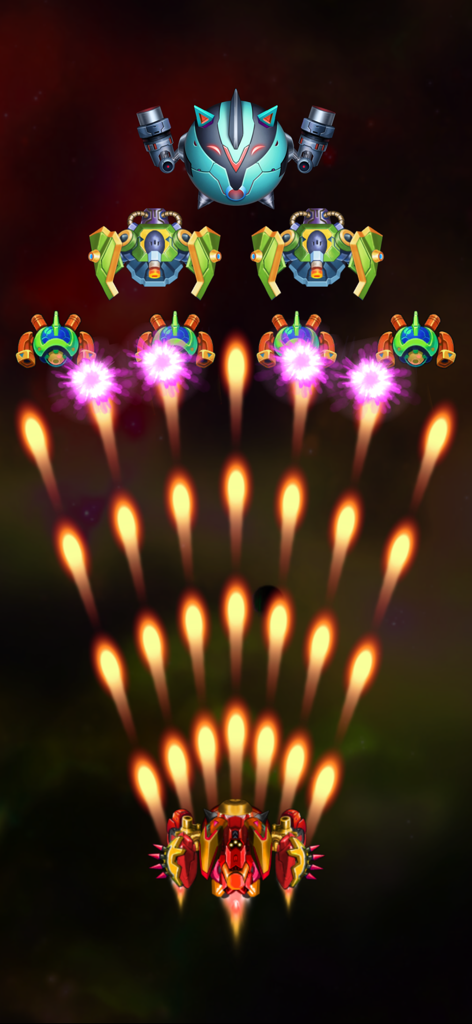 Galaxy Invaders - Space Attack - Vaisseau spatial rouge tirant une tempête de balles sur des envahisseurs extraterrestres dans l'espace.