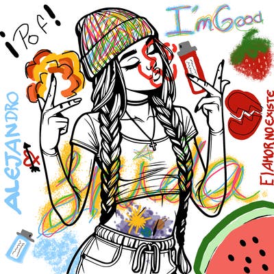 realistic teenage girl with braids and a beanie and crop top doing 🫶🏼