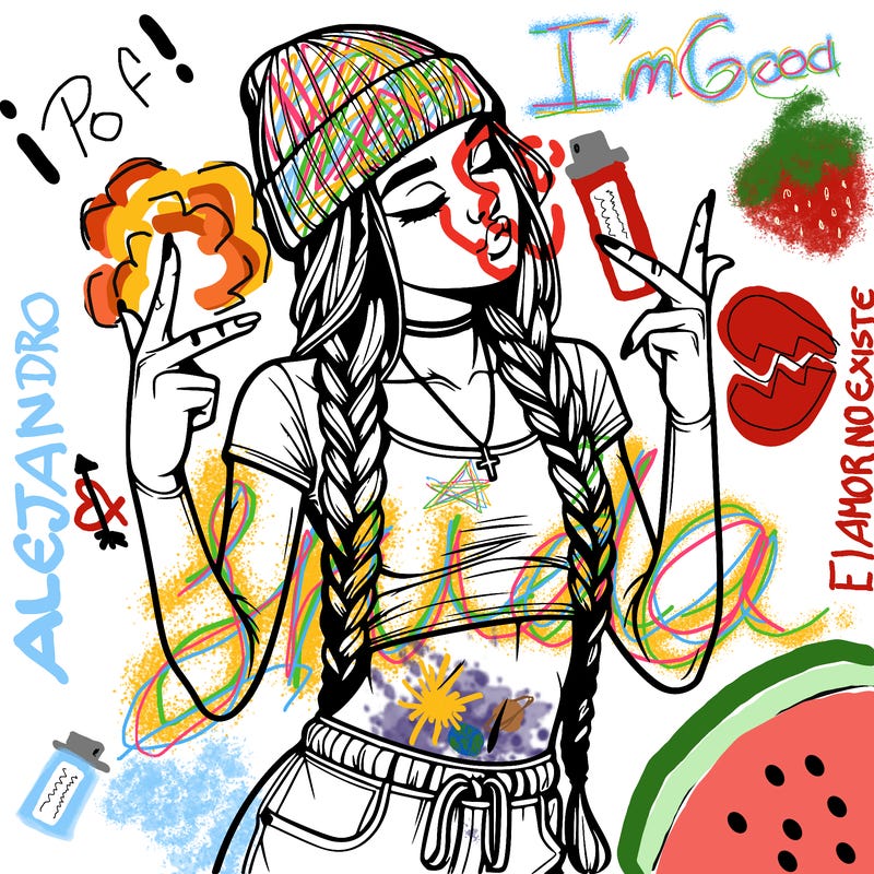 realistic teenage girl with braids and a beanie and crop top doing 🫶🏼