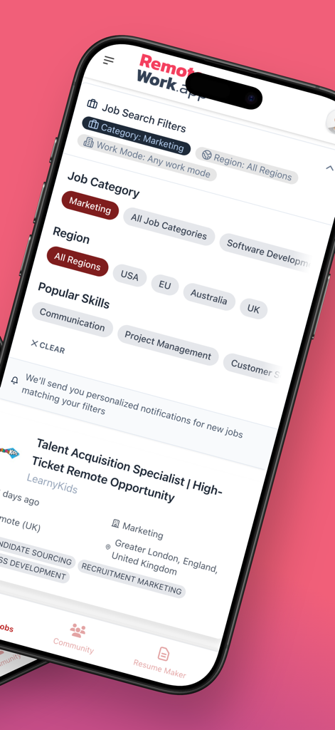 Remote-Work.app - remote jobs - Remote-Work.app의 인터페이스로 카테고리, 지역 및 기술별 원격 근무 채용 검색 필터 표시
