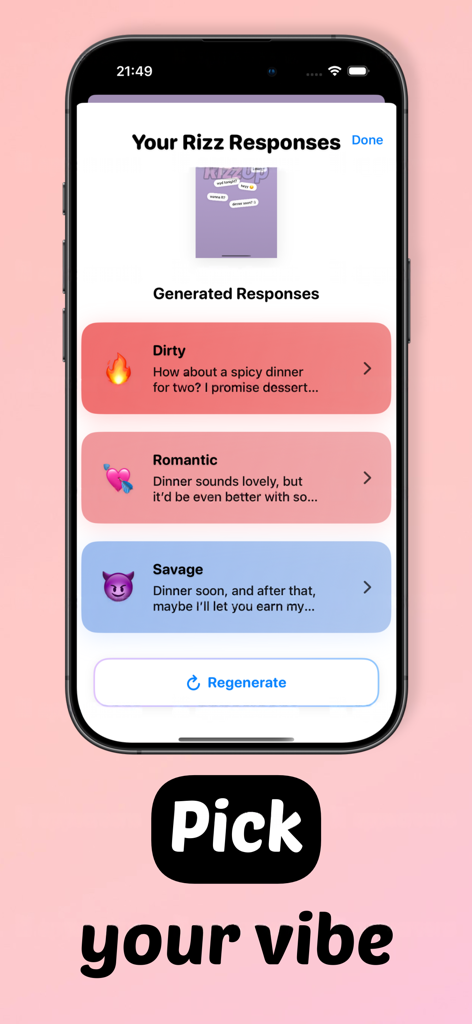 RizzUp – Text Like a Pro - RizzUp app screen with AI generated reply suggestions in dirty romantic and savage styles