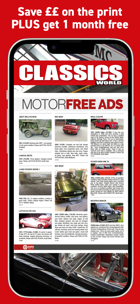 Classics World Magazine - Classics World Magazine screen displaying vintage car classified ads for sale.