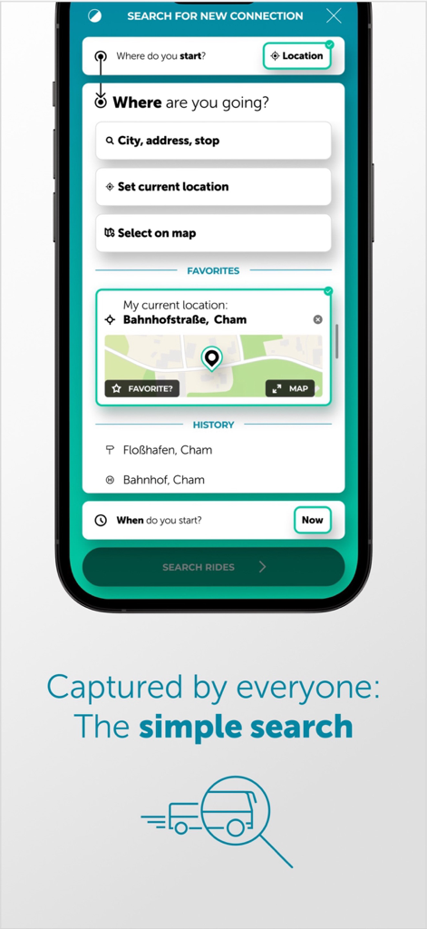Wohin·Du·Willst - The ride search interface of the Wohin Du Willst app showing destination input fields favorites and travel history